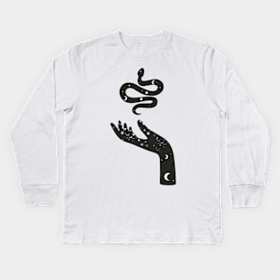 Crescent Moon and Snake With Moon Phases and Wild Flowers Held By Celestial Hand Kids Long Sleeve T-Shirt